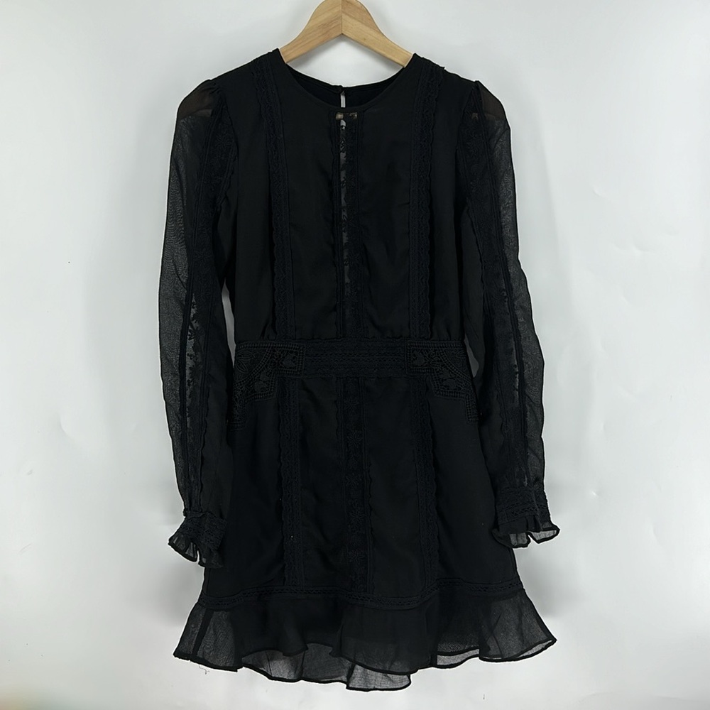 TJD Lace Embroidered Black Open Back Fit and Light Flare Dress